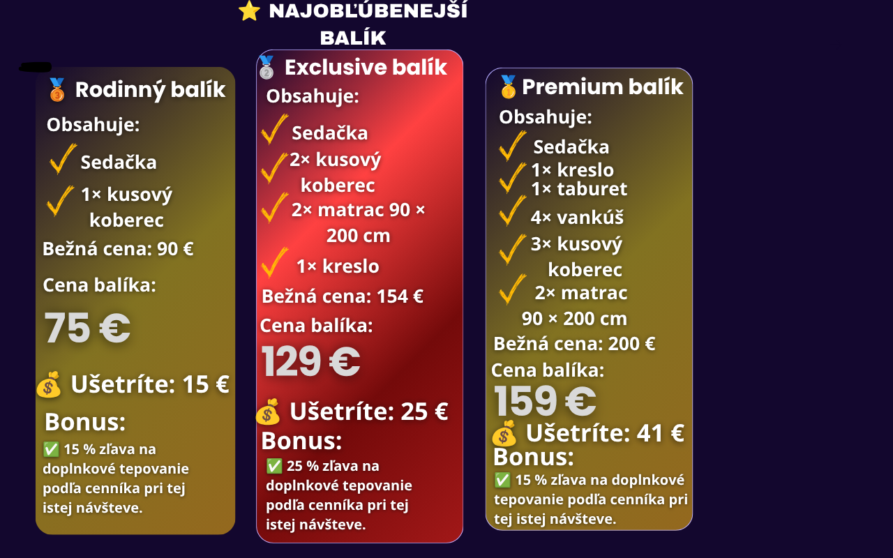 Reklamný banner s tromi balíkmi tepovania, zoznamami položiek a cenami, zvýraznené ikonami a zľavami.