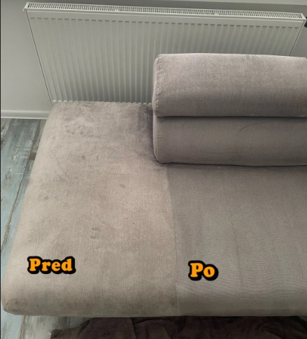Profesionálne tepovanie sedačky v obývačke – čistenie textilného povrchu pomocou extrakčného prístroja